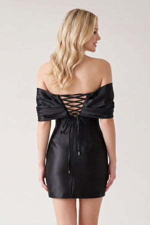Black Off The Shoulder Satin Bodycon Short Homecoming Dress With Beading (4) | SHEISME