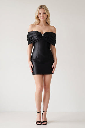 Black Off The Shoulder Satin Bodycon Short Homecoming Dress With Beading (5) | SHEISME