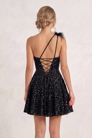 Black One Shoulder A Line Sequins Homecoming Dresses With Feathers (2) | SHEISME