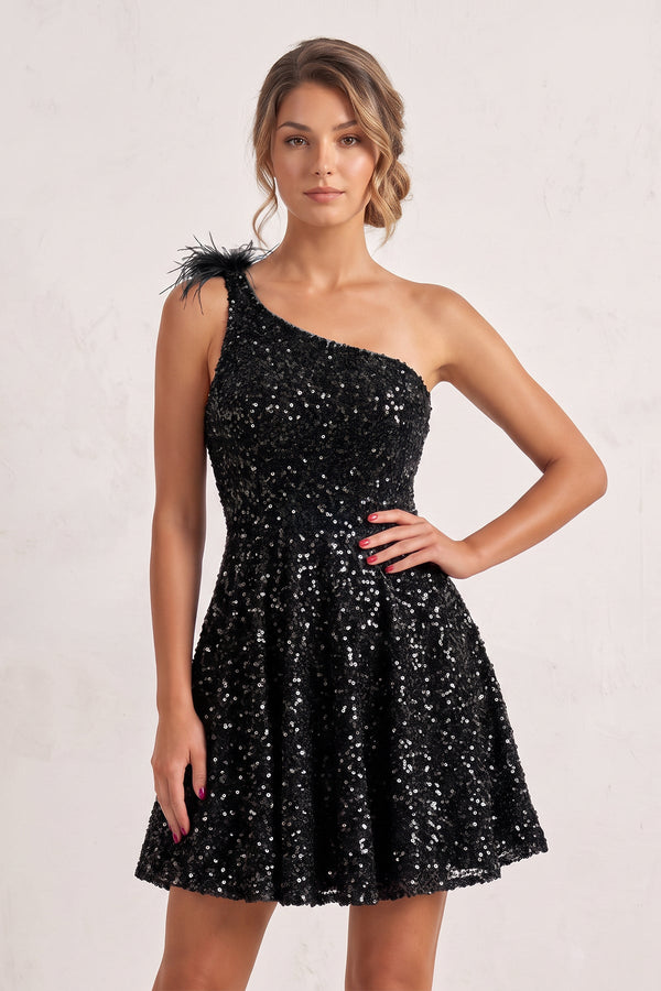 Black One Shoulder A Line Sequins Homecoming Dresses With Feathers | SHEISME