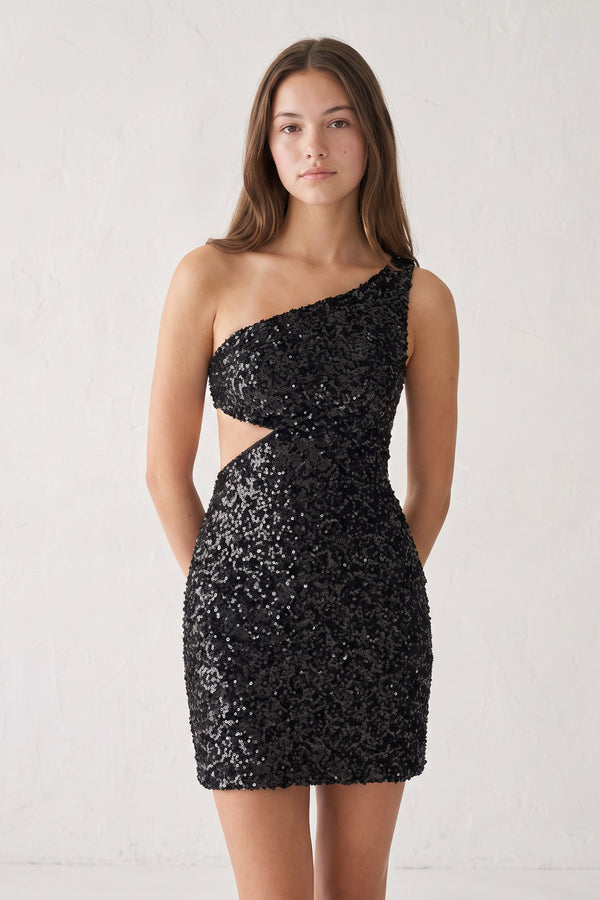 Black One Shoulder Sequins Bodycon Cut out Mini Homecoming Dresses | SHEISME