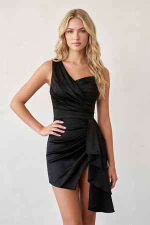 Black One Shoulder Spandex Pleated Homecoming Dresses With Slit - SHEISME