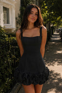 Black Ruched Spandex Mini Dress With Ruffles | SHEISME