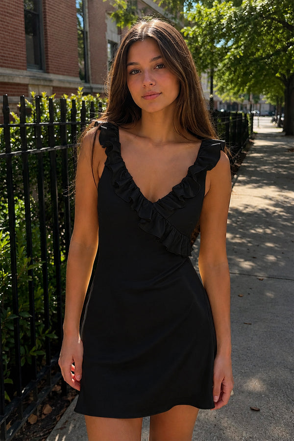 Black Scoop Neck Sheath Satin Ruffles Short Homecoming Dress | SHEISME