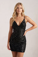 Black Sequin Spaghetti Strap V Neck Backless Mini Party Dresses | SHEISME