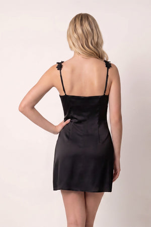 Black Sheath Satin V Neck Short Homecoming Dresses with Flower Straps (2) | SHEISME