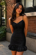 Black Spaghetti Straps Sheath Satin Pleated Homecoming Dress With Ruffles | SHEISME