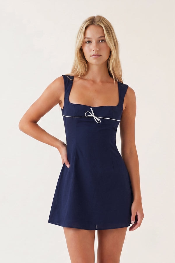 Navy Blue Square Neck A-Line Satin Homecoming Dress With Lace-Up Back | SHEISME
