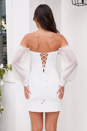 White Off-the-Shoulder Keyhole Short Party Dress with Balloon Sleeves - SHEISME
