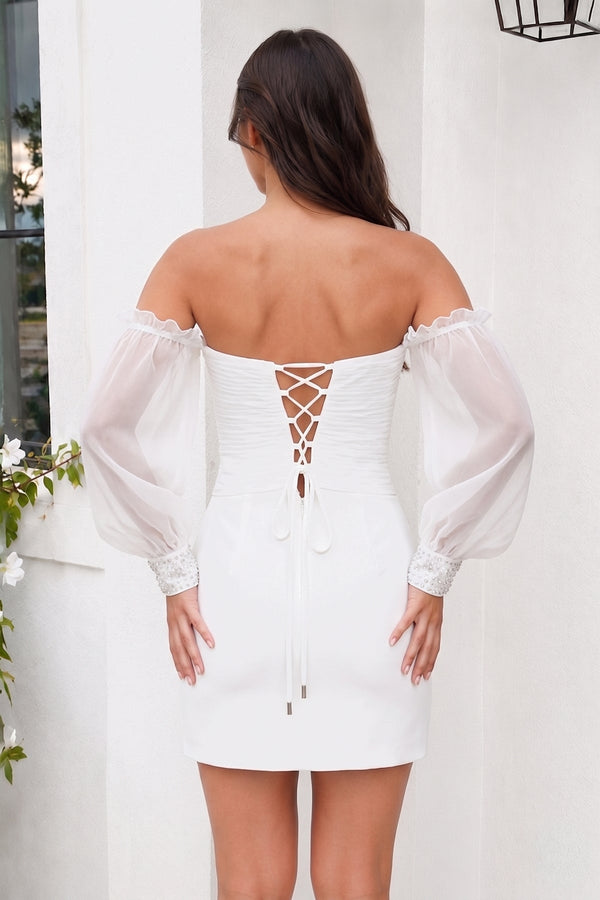 White Off-the-Shoulder Keyhole Short Party Dress with Balloon Sleeves - SHEISME