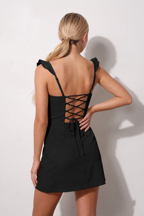 Black Sweetheart Sheath Ruffled Linen Homecoming Dress With Slit (3) | SHEISME