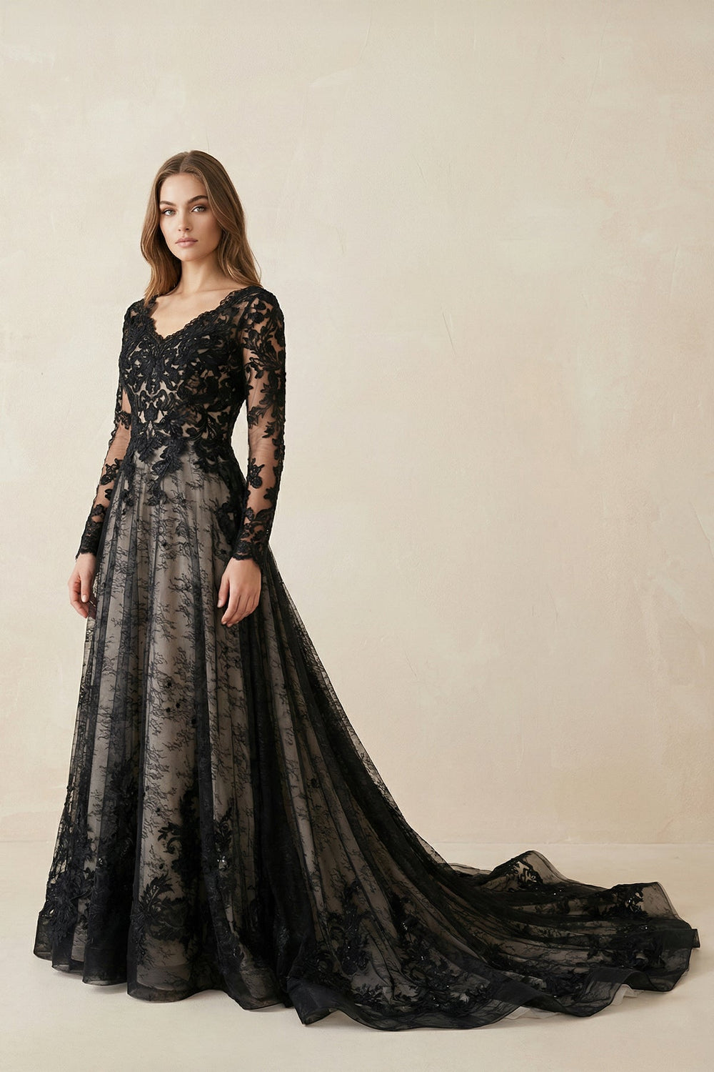 Black V - Neck Long Sleeves Lace Appliqued Wedding Dress in Black - SHE IS ME Wedding Dresses