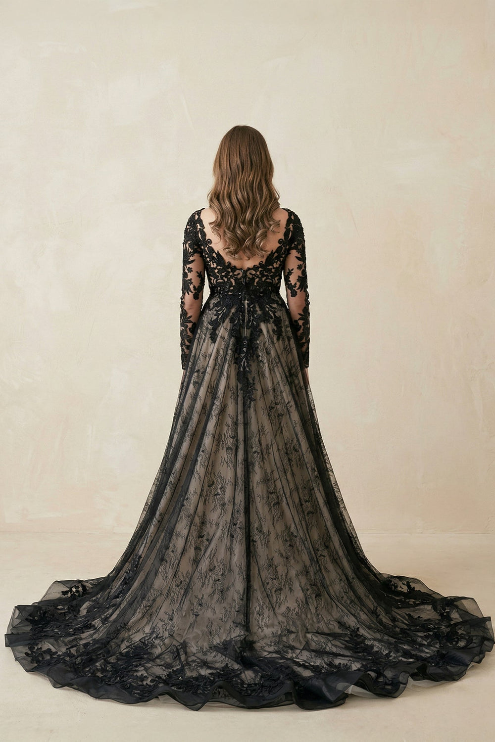 Black V - Neck Long Sleeves Lace Appliqued Wedding Dress in Black - SHE IS ME Wedding Dresses