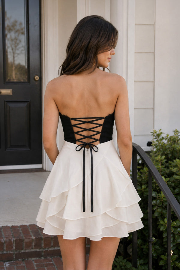 Black-White Sweetheart A-Line Ruffled Chiffon Homecoming Dress with Bow (2) | SHEISME