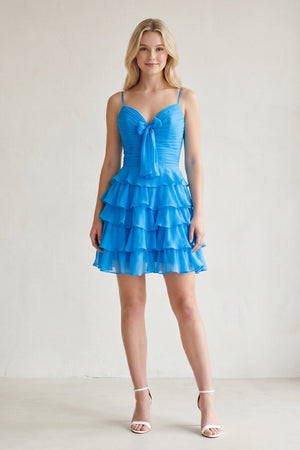 Blue Spaghetti Straps A Line Chiffon Ruffles Homecoming Dresses With Bow-SHEISME