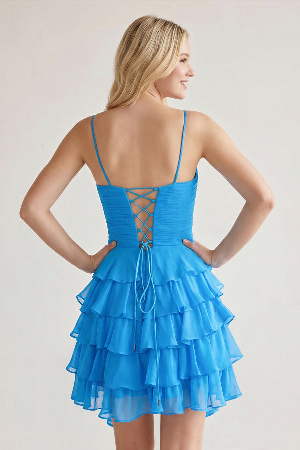 Blue Spaghetti Straps A Line Chiffon Ruffles Homecoming Dresses With Bow-SHEISME