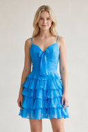 Blue Spaghetti Straps A Line Chiffon Ruffles Homecoming Dresses With Bow-SHEISME