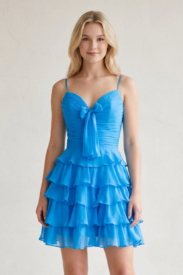 Blue Spaghetti Straps A Line Chiffon Ruffles Homecoming Dresses With Bow-SHEISME