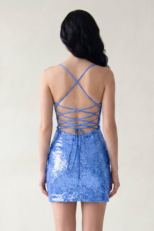 Blue Sexy Fitted Bateau Spaghetti Straps Fully Sequined Lace-Up Mini Party Dresses (2) | SHEISME