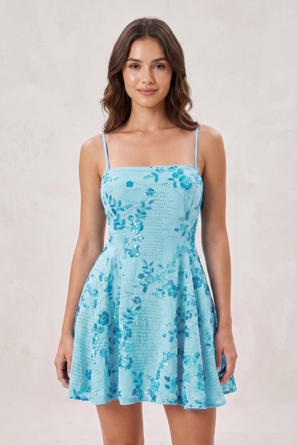 Blue Spaghetti Straps A-Line Embroidered Sequined Tulle Homecoming Dress | SHEISME
