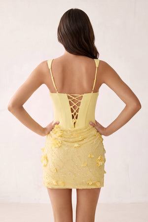 Yellow Square Neck Corset Sheath Satin Homecoming Dress with Appliques (2) | SHEISME