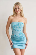 Blue Strapless Embroidered Satin Sheath Ruched Homecoming Dress | SHEISME