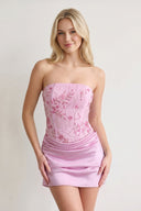 Pink Strapless Embroidered Satin Sheath Ruched Homecoming Dress | SHEISME