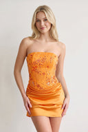 Orange Strapless Embroidered Satin Sheath Ruched Homecoming Dress | SHEISME