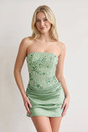 Green Strapless Embroidered Satin Sheath Ruched Homecoming Dress | SHEISME