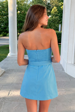 Blue Strapless Sheath Satin Homecoming Dress with Belt (2) | SHEISME