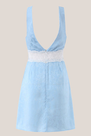 Blue V Neck Lace Cotton Sheath Mini Dress - SHE IS ME Dresses