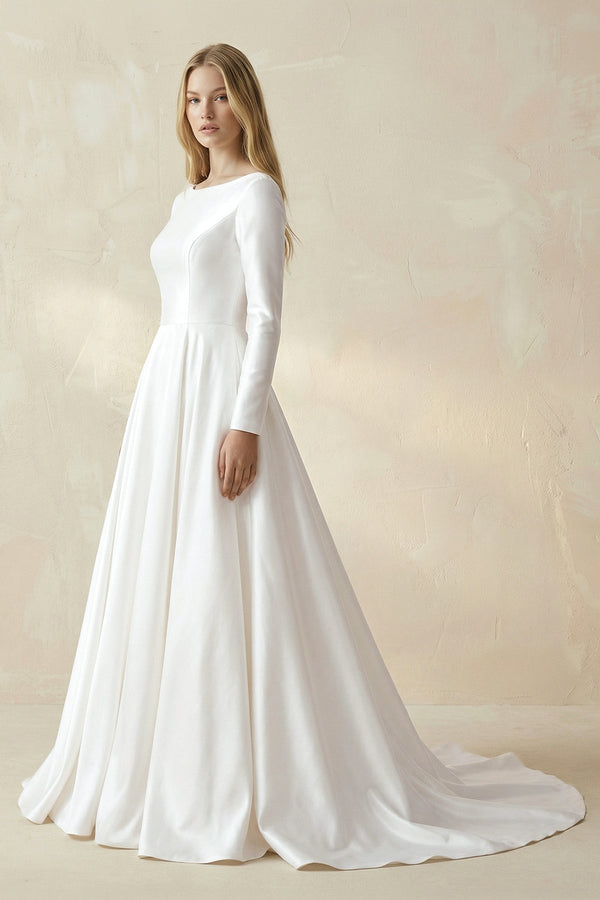 Boat Neck A - line Satin Long Sleeves Wedding Dress in White - SHE IS ME Wedding Dresses