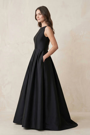 Boat Neck Satin A - Line Open Back Wedding Dress in Black - SHE IS ME Wedding Dresses