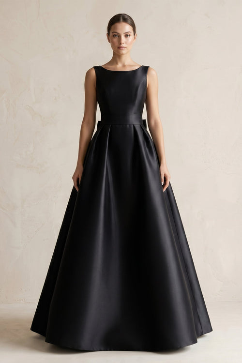 Boat Neck Satin A - Line Wedding Dress with Bow in Black - SHE IS ME Wedding Dresses