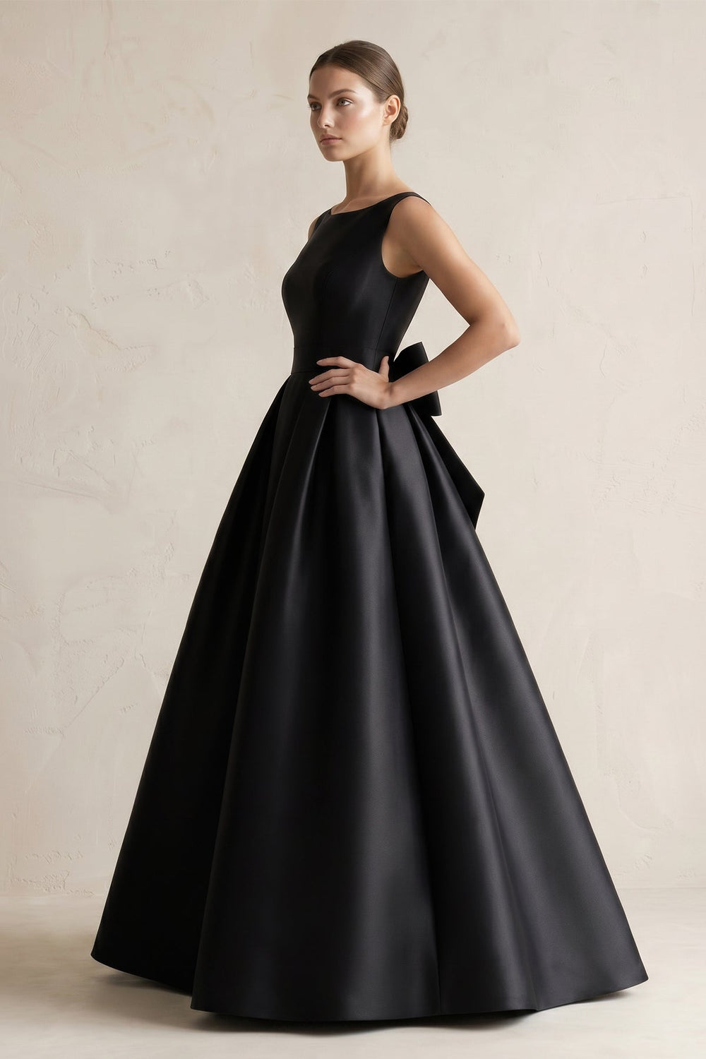 Boat Neck Satin A - Line Wedding Dress with Bow in Black - SHE IS ME Wedding Dresses