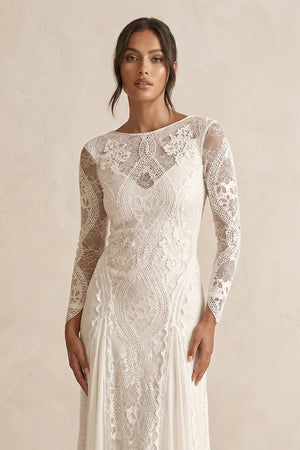 Boat Neck Sheath Lace Long Sleeve Wedding Dress in Ivory - SHE IS ME Wedding Dresses