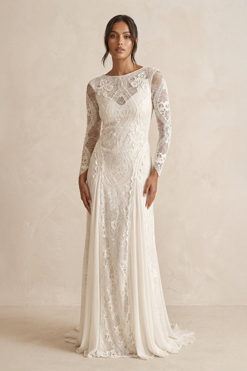 Boat Neck Sheath Lace Long Sleeve Wedding Dress in Ivory - SHE IS ME Wedding Dresses
