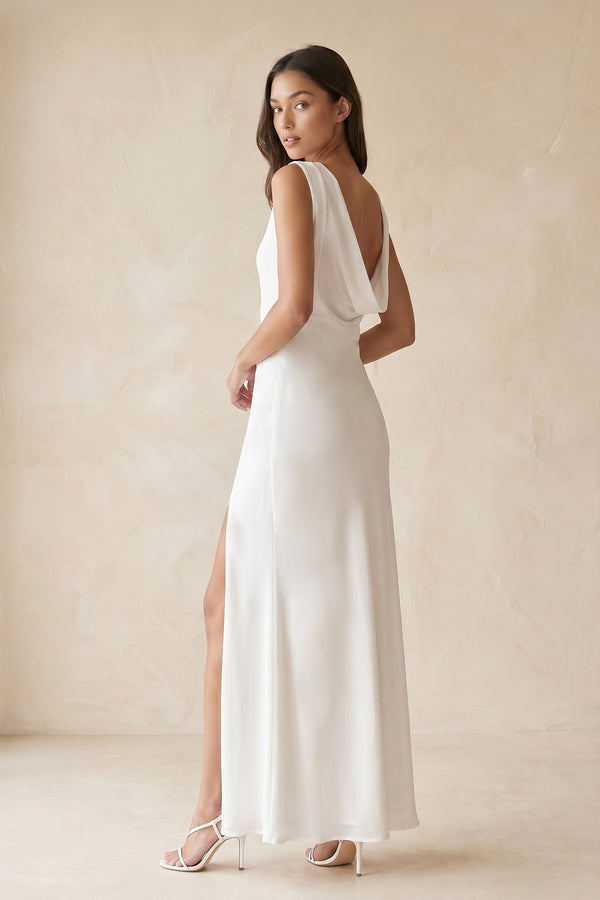 Boat Neck Sheath Midi Dress With Slit in White– SHE IS ME Dresses