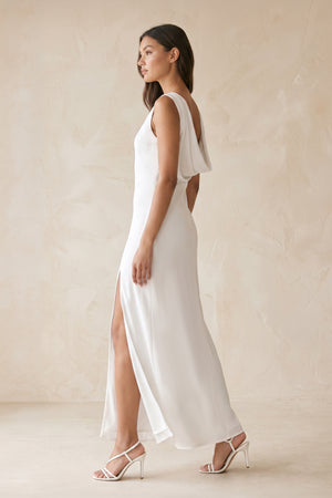 Boat Neck Sheath Midi Dress With Slit in White– SHE IS ME Dresses