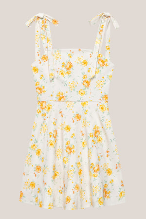 Bow A-Line Warm Rose Print Cotton Mini Dress in Yellow– SHE IS ME Dresses