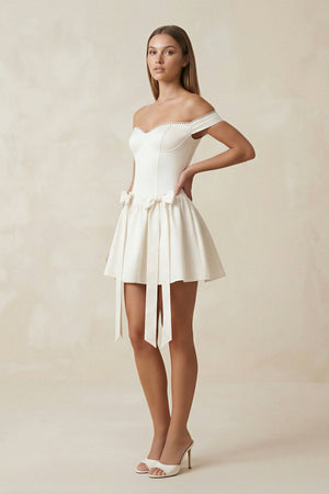 Bow Off - the - Shoulder A - Line Mini Wedding Dress in Ivory - SHE IS ME Wedding Dresses