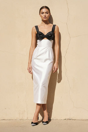 Bow Sheath Satin Midi Dress in Black and White - SHE IS ME