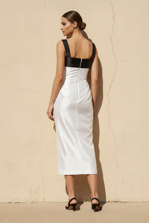 Bow Sheath Satin Midi Dress in Black and White - SHE IS ME