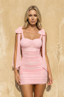 Bow Shoulder Ruched Mini Dress in Pink - SHE IS ME