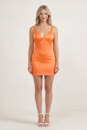 Orange Bodycon V-Neck Satin Short Homecoming Dress with Bow - SHEISME