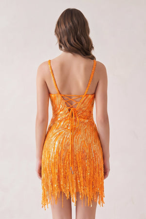 Bright Orange Sheath V Neck Sequined Tassels Homecoming Dresses (2) | SHEISME