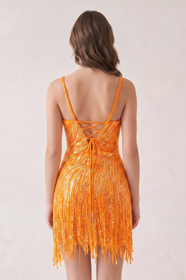 Bright Orange Sheath V Neck Sequined Tassels Homecoming Dresses (2) | SHEISME