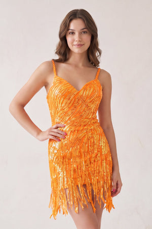Bright Orange Sheath V Neck Sequined Tassels Homecoming Dresses | SHEISME