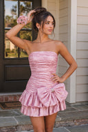 Pink A Line Strapless Pleats Short Homecoming Dress with Bow - SHEISME