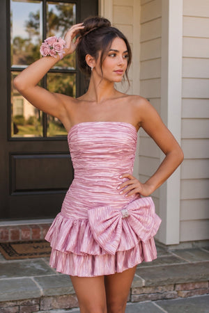 Pink A Line Strapless Pleats Short Homecoming Dress with Bow - SHEISME
